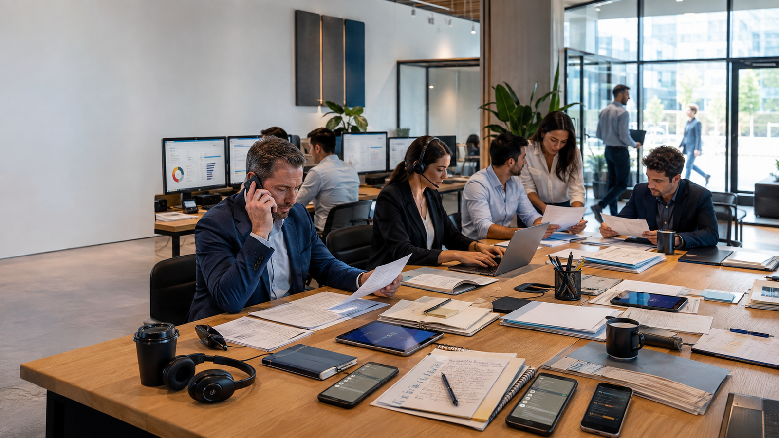 Equipe administrativa trabalhando com documentos e processos manuais em escritório antes da automação empresarial.