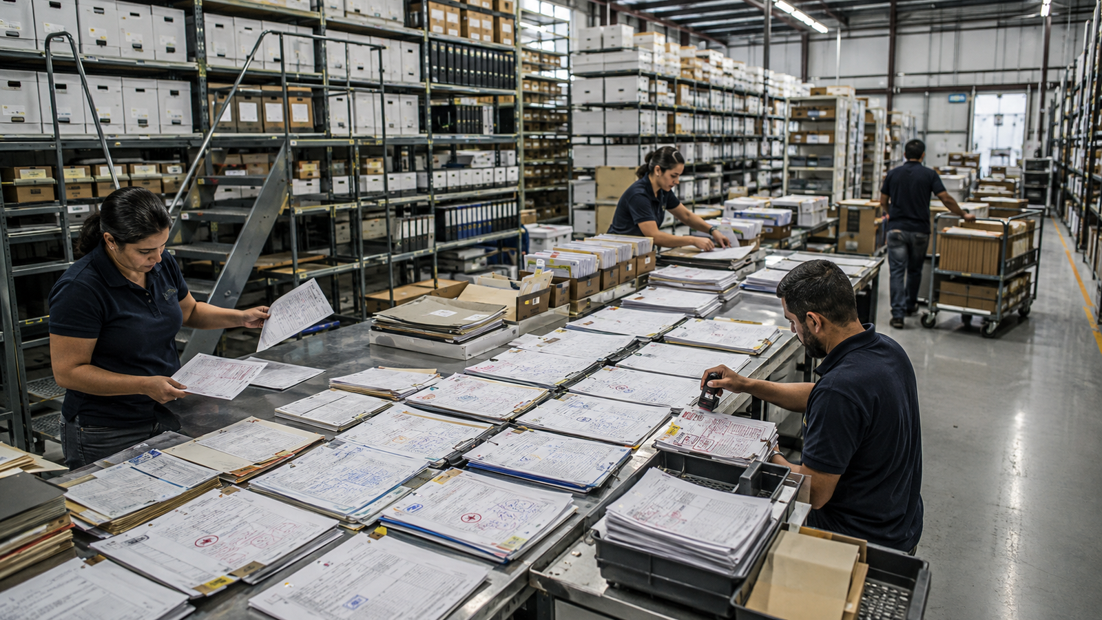 Equipe de logística organizando documentos e processos de estoque em centro de distribuição antes da automação empresarial.
