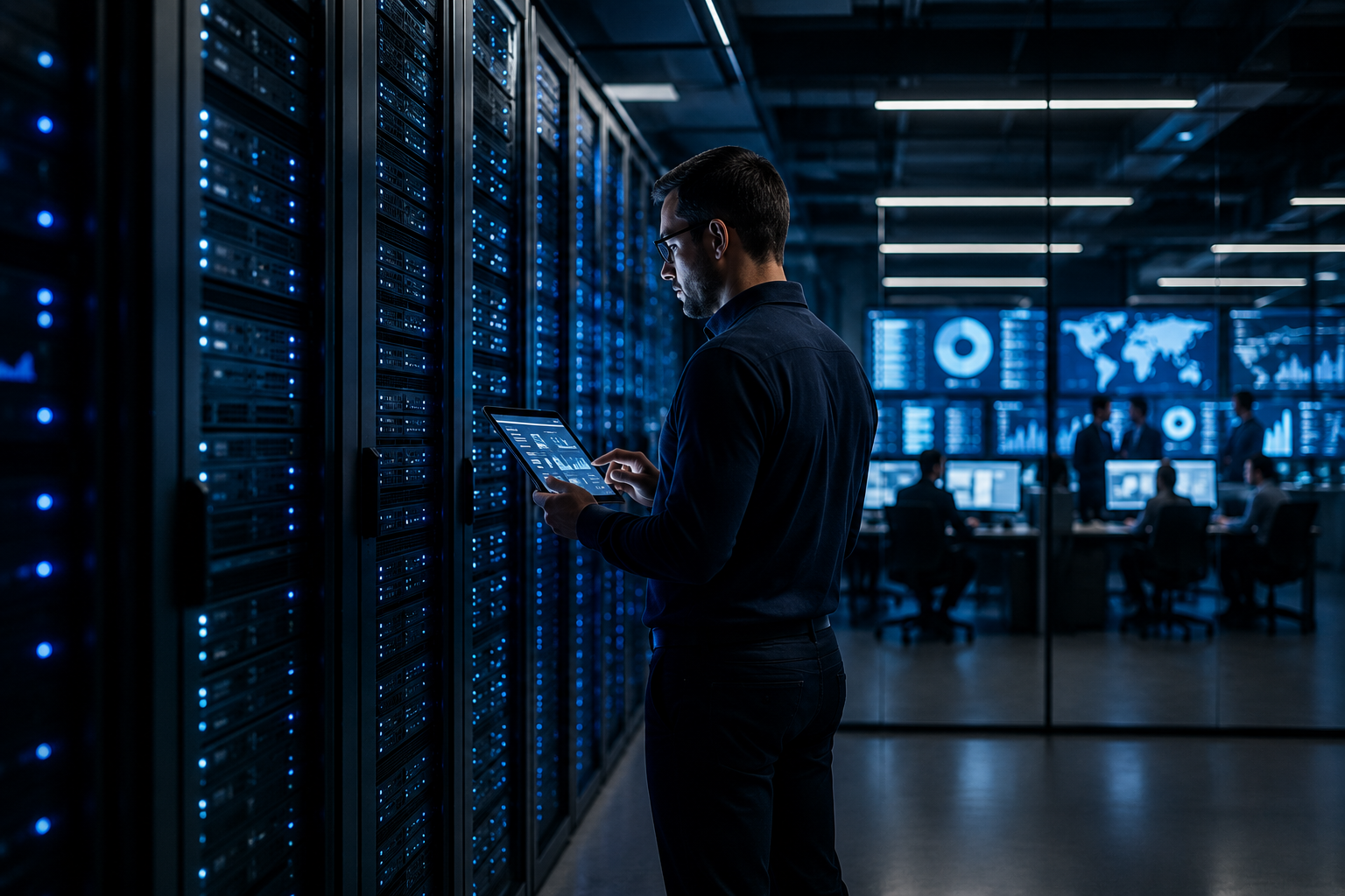 Analista de infraestrutura monitorando servidores em data center para garantir segurança, disponibilidade e desempenho dos sistemas empresariais.